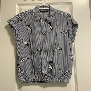ZARA Navy Striped Shirt with Birds Print
